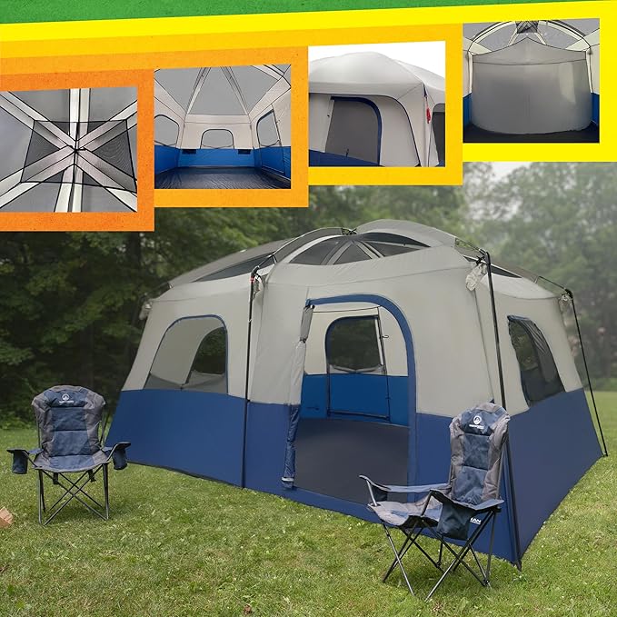 10-12 Person Large Camping Tent – Tall Family Cabin Outdoor Shelter with Room Divider, Mesh Windows, Water-Resistant Rainfly and Carry Bag for Camping and Outdoor Adventures – Wakeman Outdoors