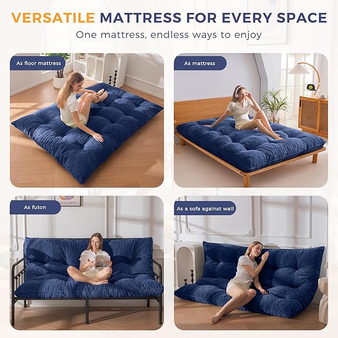 MAXYOYO Floor Mattress Full Size, 6" Chenille Japanese Futon Mattress Foldable Floor Bed for Adults Tufted Roll Up Floor Couch Bed, Tatami Mat Sleeping Pad for Living Room, Bedroom, Navy
