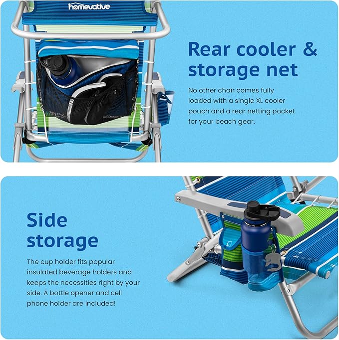 Homevative Cooler+ Folding Backpack Beach Chair with 5 Positions, Towel bar, XL Cooler Pouch, Storage Net, Cup and Phone Holder, Deep Sea, 2 Pack