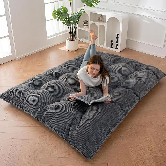 MAXYOYO 6" Japanese Floor Mattress, Foldable Futon Mattress Full Size, Tufted Roll Up Floor Bed, Thick Tatami Mat Sleeping Pad Portable Lounger for Camping Guest Room Dormitory Bedroom RV, Dark Grey