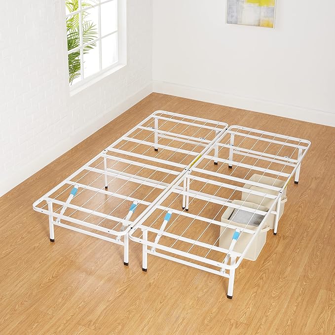 Amazon Basics Platform Bed Frame Queen, Foldable Metal, Tool-Free Setup, 14 Inches High, White