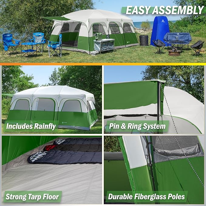 10-12 Person Large Camping Tent – Tall Family Cabin Outdoor Shelter with Room Divider, Mesh Windows, Water-Resistant Rainfly and Carry Bag for Camping and Outdoor Adventures – Wakeman Outdoors