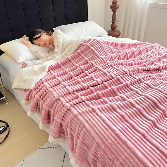 UKELER Striped Sherpa Throw Blankets 60 × 80 inch, 470 GSM Sherpa Fleece Blanket for All Season, Warm and Cozy Blanket for Couch Sofa Bed Office Camping, White