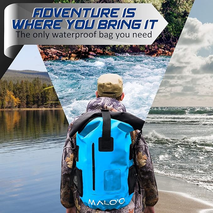 Malo’o DryPack 30L Waterproof Backpack, Roll-Top Dry Bag Backpack with Padded Straps, Floating Design for Beach, Kayaking, Fishing, Boating, Travel, and Water Sports, Blue