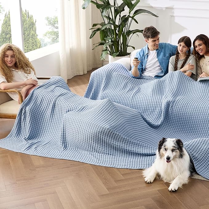 Bedsure Cooling Cotton Waffle Oversized King Blanket - Lightweight Breathable Rayon Derived from Bamboo for Hot Sleepers, Luxury Throws for Bed and Sofa, Sky Blue, 120x96 Inches