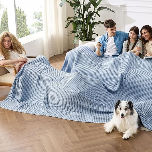 Bedsure Cooling Cotton Waffle Oversized King Blanket - Lightweight Breathable Rayon Derived from Bamboo for Hot Sleepers, Luxury Throws for Bed and Sofa, Sky Blue, 120x96 Inches