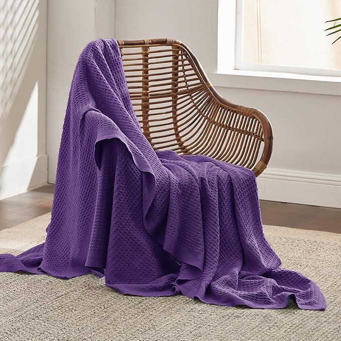 Bedsure Gentlesoft 100% Cotton Blanket Twin XL Size for College Dorm - Breathable and Soft, Waffle Weave Twin Blanket for Summer, Dorm Room Essentials, Purple, 66x90 inches