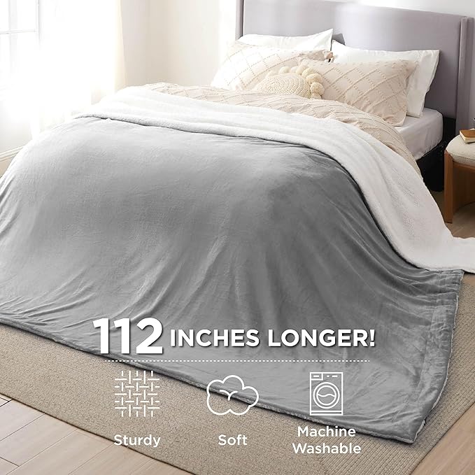 Bedsure GentleSoft Sherpa Fleece Oversized Cal King Blankets for Bed - Thick and Warm, Soft Fuzzy Plush Large Blanket for Winter, Light Grey, 112x98 Inches