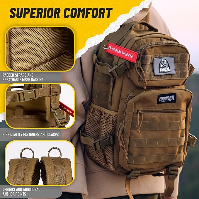 Tactical Backpack 25L Military MOLLE Assault Pack – Waterproof EDC Backpack for Hiking, Camping, Travel & Survival Gear, Bug Out Bag (Coyote Brown/Military Tan)