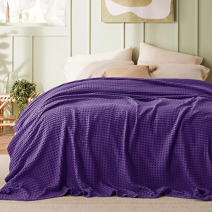 Bedsure Cooling Cotton Waffle King Size Blanket - Lightweight Breathable Blanket of Rayon Derived from Bamboo for Hot Sleepers, Luxury Throws for Bed, Couch and Sofa, Purple, 104x90 Inches