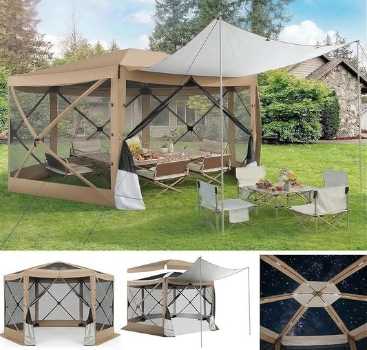 COBIZI 12x12FT Pop Up Gazebo Screen Tent Screen House for Camping, Camping Outdoor Screened Gazebo with Sidewalls, Hub Tent Instant Screened Canopy with Carrying Bag and Ground Stakes, khaki(Upgraded)