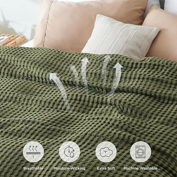 Bedsure Cooling Cotton Waffle Full Size Blanket - Lightweight Breathable Blanket of Rayon Derived from Bamboo for Hot Sleepers, Luxury Throws for Bed, Couch and Sofa, Green, 80x90 Inches