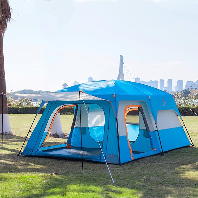 KTT Extra Large Tent 6-10-12-14 Person(B),Family Cabin Tents,2 Rooms,3 Doors and 3 Windows with Mesh,Straight Wall,Waterproof,Double Layer,Big Tent for Outdoor,Picnic,Camping,Family Gathering