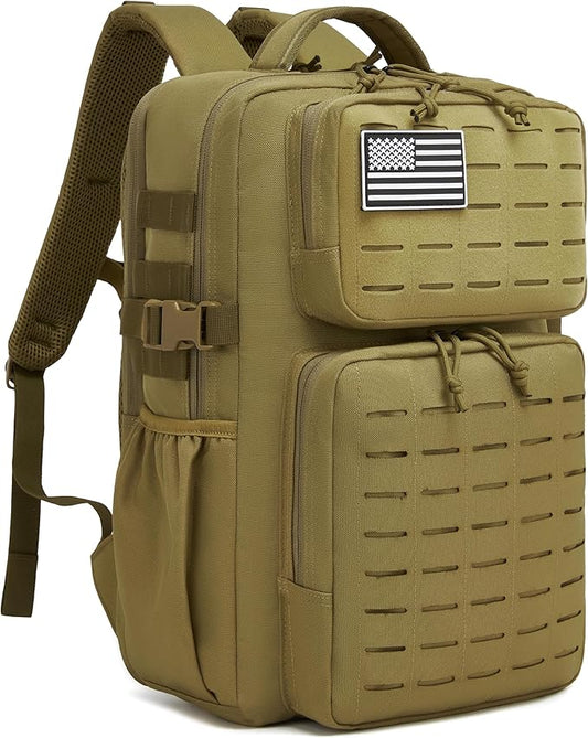 Wotony Military Tactical Backpack for Men Waterproof Daypack 3 Day Assault Pack Laser-Cut MOLLE Webbing Design with Water Bottle Holder Black Small Tactical Assault Bag (Khaki, 30L)