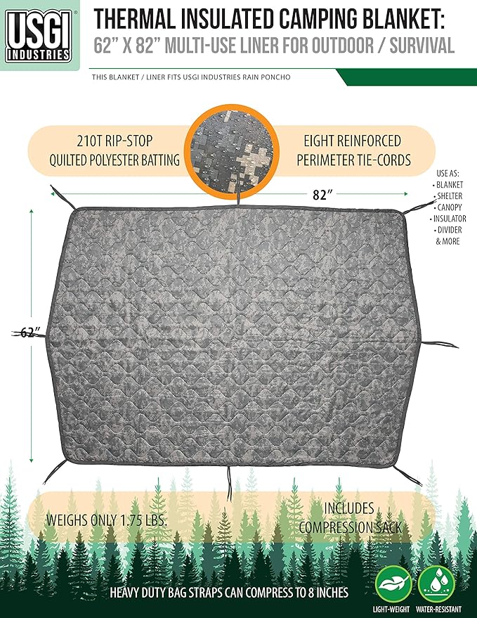 USGI Industries Military Woobie Blanket | Thermal Insulated Camping Blanket, Poncho Liner | Large, Portable, Insulation, Water-Resistant, for Hiking, Survival | Compression Carry Bag