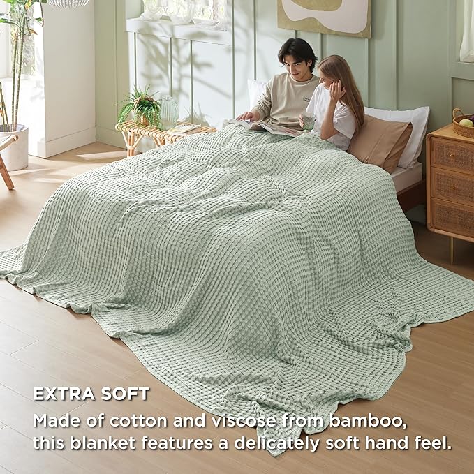 Bedsure Cooling Cotton Waffle Oversized King Blanket - Lightweight Breathable Blankets Rayon Derived from Bamboo for Hot Sleepers, Luxury Throws for Bed and Sofa, Sage Green, 120x96 Inches