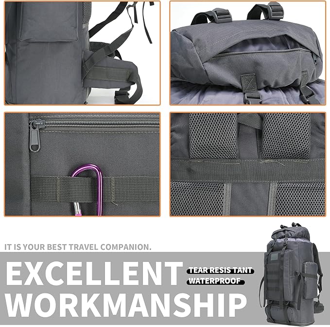 100L Hiking Camping Backpack MOLLE Rucksack Waterproof Daypack (Grey)
