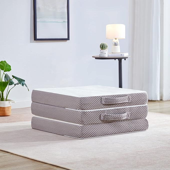 Kingfun Foldable Mattress 4 Inch Folding Mattress Tri-fold Gel Memory Foam Breathable with Storage Bag, Portable Floor Guest Bed Soft for Sleeping Camping, Gray, Twin Size