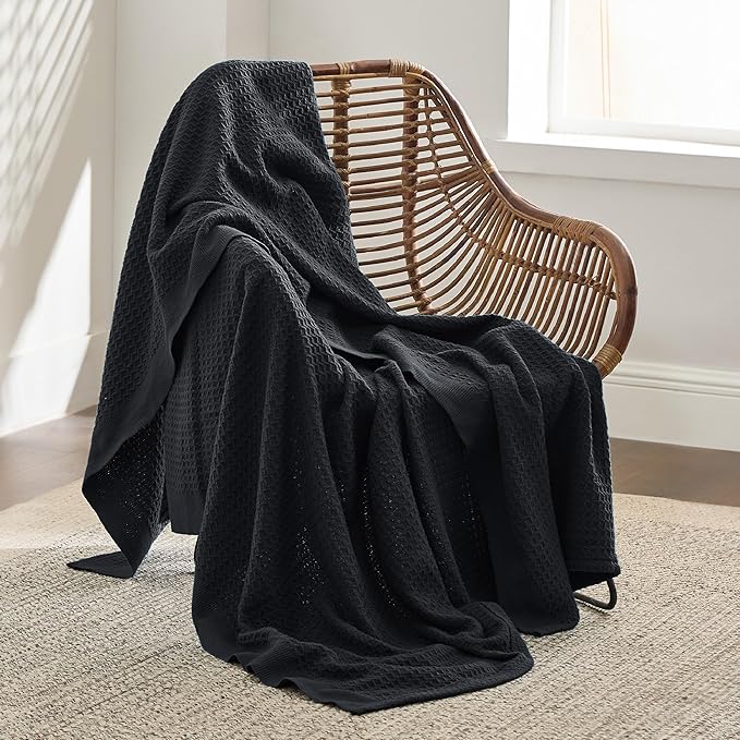 Bedsure Gentlesoft 100% Cotton Large Throw Blanket for Couch 50x70 inches - Breathable and Soft, Waffle Weave Throw Blanket for Office, Black