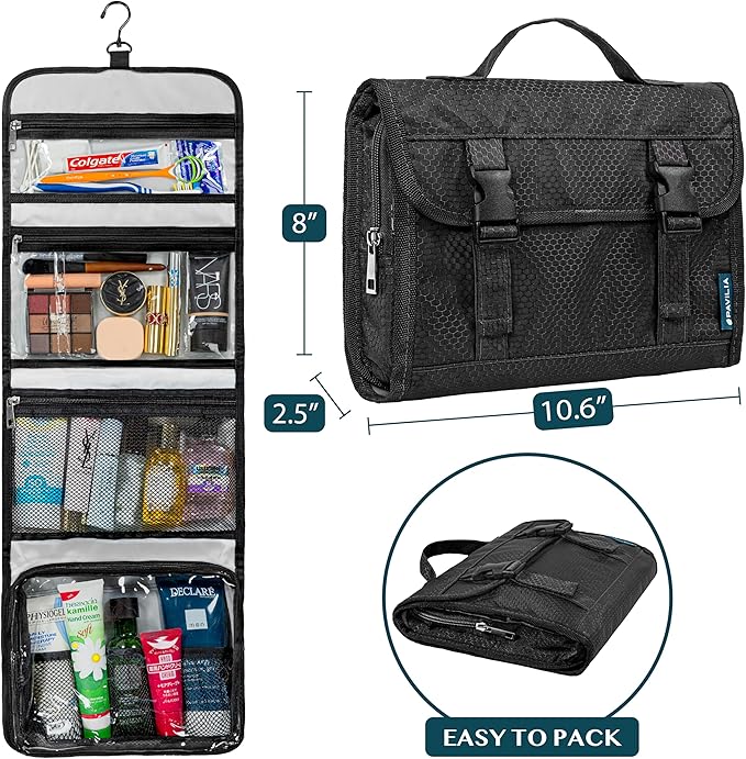 PAVILIA Travel Hanging Toiletry Bag for Women Men, Large Capacity Makeup Bag Kit, Waterproof Cosmetic Storage Organizer Case for Bathroom Shower