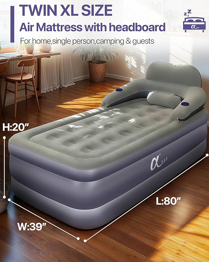 A-ER-FA Twin XL Air Mattress with Headboard and Built in Rechargeable Air Pump & Cup Holder – Premium Comfort Blow Up Mattress & Inflatable Mattress, Colchon Inflable Air Bed for Guests & Home Use