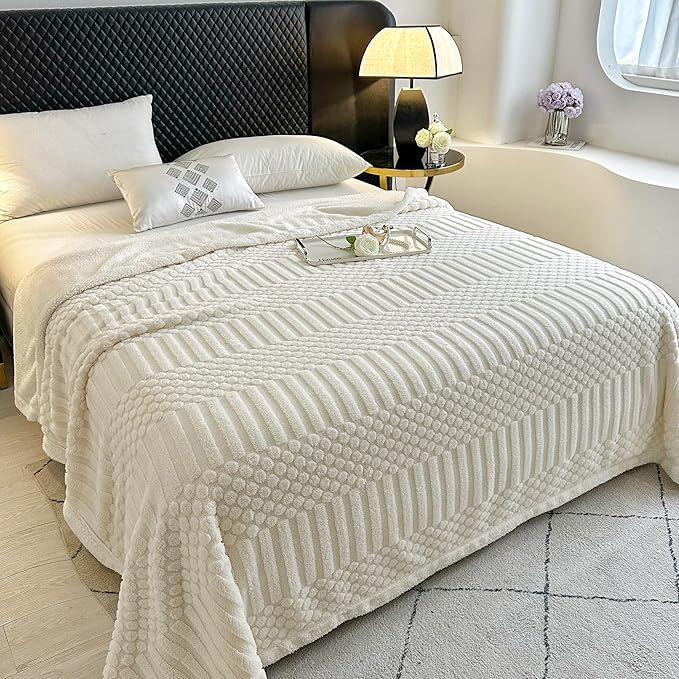 UKELER Striped Sherpa Fleece Blanket 60 × 80 inch, Ultra Soft Twin Size Throw Blankets for All Season, Cozy Plush Blanket for Bed Couch Sofa Office Camping, Off White