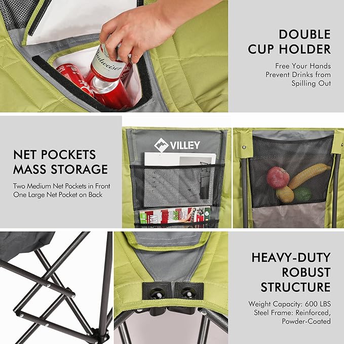 VILLEY Double Camping Chair w/Cooler Bag, Extra Wide Loveseat, Heavy Duty Padded Camping Couch, Portable Folding Chair w/Carry Bag Steel Frame Cup Holders for Camp Lawn Picnic Sports, Support 600LBS