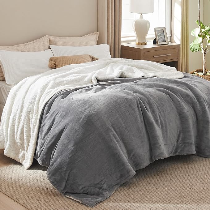 Bedsure GentleSoft Sherpa Fleece Blankets King Size for Bed - Thick and Warm, Soft Fuzzy Plush King Blanket for Winter, Grey, 108x90 Inches