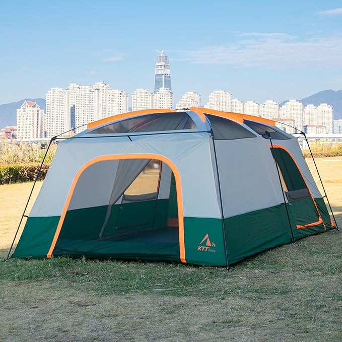 KTT Extra Large Tent 6-10-12-14 Person(Style-B),Family Cabin Tents,2 Rooms,3 Doors and 3 Windows with Mesh,Straight Wall,Waterproof,Double Layer,Big Tent for Outdoor,Picnic,Camping,Family Gathering