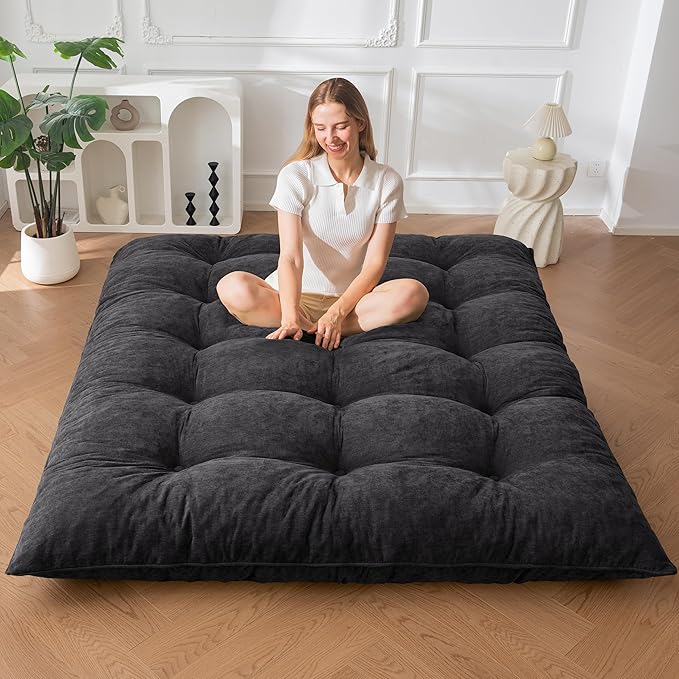 MAXYOYO Floor Mattress Full Size, 6" Chenille Japanese Futon Mattress Foldable Floor Bed for Adults Tufted Roll Up Floor Couch Bed, Tatami Mat Sleeping Pad for Living Room, Bedroom, Black