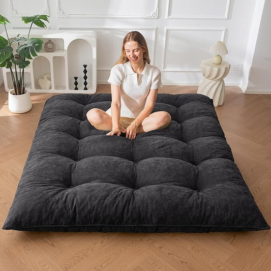 MAXYOYO Floor Mattress Full Size, 6" Chenille Japanese Futon Mattress Foldable Floor Bed for Adults Tufted Roll Up Floor Couch Bed, Tatami Mat Sleeping Pad for Living Room, Bedroom, Black