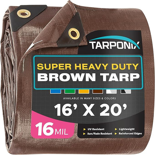 Super Heavy-Duty Brown Tarp 16' x 20' – 16 Mil Thick, All-Weather Waterproof Cover with Reinforced Edges and Sturdy Grommets