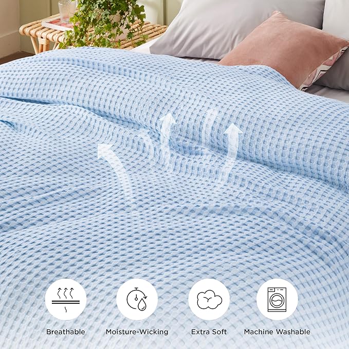 Bedsure Cooling Cotton Waffle Queen Size Blanket - Lightweight Breathable Blanket of Rayon Derived from Bamboo for Hot Sleepers, Luxury Throws for Bed, Couch and Sofa, Blue, 90x90 Inches