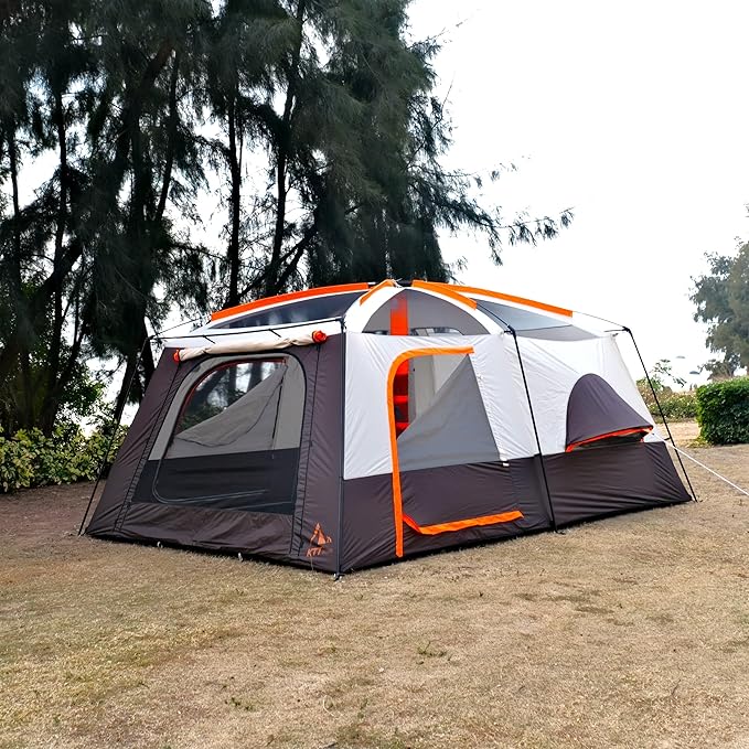 KTT Extra Large Tent 12 Person,Family Cabin Tents,Full Rainfly,2 Bay-Windows,2 Rooms and 3 Doors 3 Windows with Mesh,Waterproof,Straight Wall,Double Layer,Big Tent for Outdoor,Picnic,Camping
