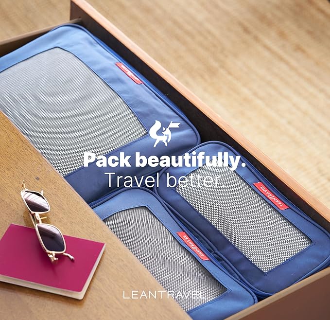 LeanTravel Premium Compression Packing Cubes for Travel - Luggage Organizers with Double Zipper - Sturdy Bags for Suitcase (4-Pack, Navy Blue)
