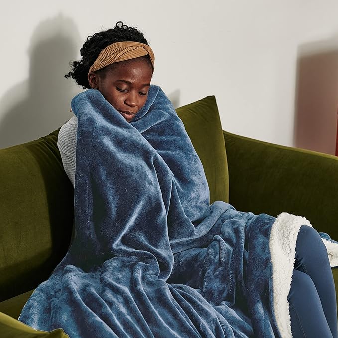 Bedsure GentleSoft Sherpa Fleece Blankets King Size for Bed - Thick and Warm, Soft Fuzzy Plush King Blanket for Winter, Slate Blue, 108x90 Inches