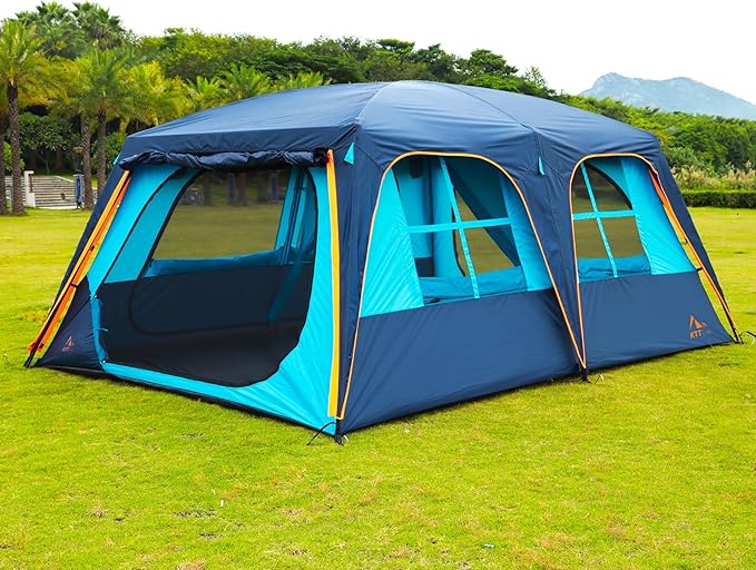KTT Extra Large Tent 12 Person(A),Awning Family Cabin Tents,2 Rooms,4 Doors and 4 Windows with Mesh,Straight Wall,Waterproof,Double Layer,Big Tent for Outdoor,Picnic,Camping,Family Gathering。