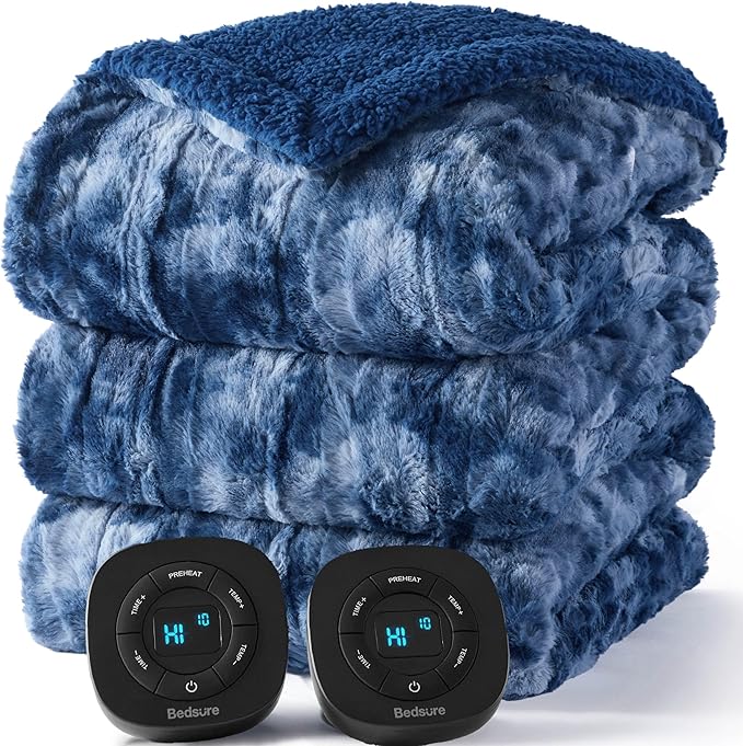 Bedsure Faux Fur Electric Blanket Queen Size, Dual Control Heated Blanket Queen, Fast Heating Blanket with 10 Heating Levels & 10 Time Settings, Cozy Gifts for Women Men (84x90 inches, Denim Blue)