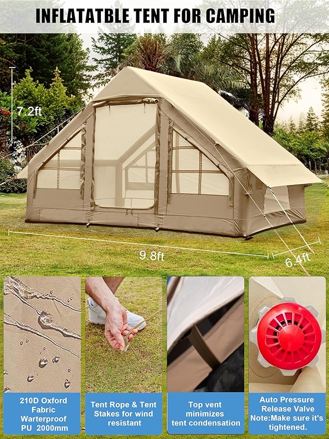 Inflatable Tents with Hand Pump Hot Tent with Stove Jack Easy Blow Up Glamping Tent with Mesh Windows, 4-6 Person Instant Family Camping Tents Waterproof for 4 Seasons