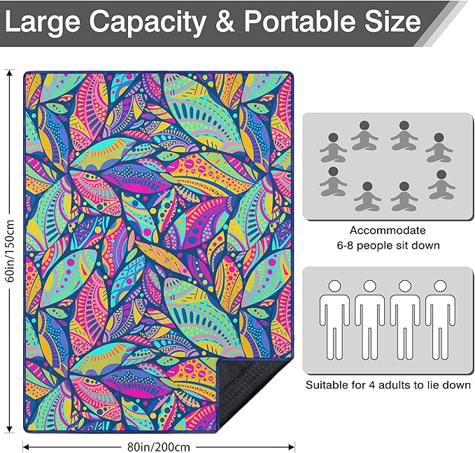 Waterproof Picnic Blankets Foldable & Portable 60''x80'' Boho Picnic Mat for Outdoors, Large Washable Picnic Blanket for Travel Camping Beach, Park Grass Picnic Blanket Accessories for Adults