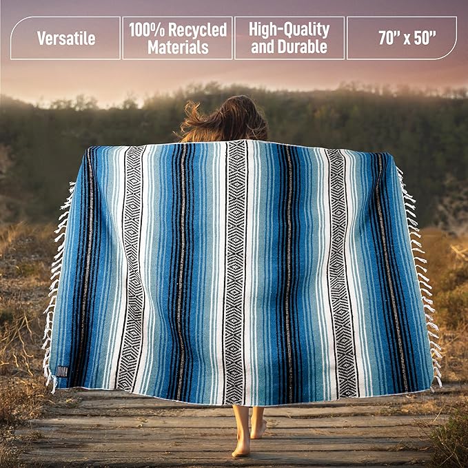 Hydration Nation Authentic Extra Large Mexican Blanket (70"x50") - Handwoven Yoga, Serape- Artisanal Falsa, Beach, Camping, Picnic, Outdoor - Sky Blue