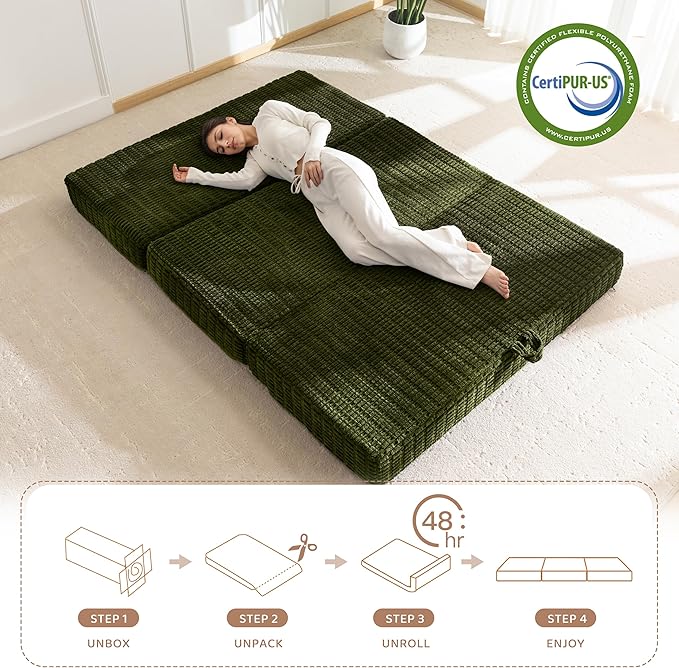 BYBYME Memory Foam Tri-Folding Mattress, 6 Inch Gel Folding Mattress Topper, Foldable Soft Guest Bed Camping Pad, with Washable Cover