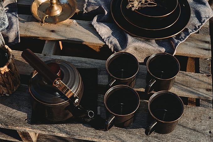 Barebones Enamel Cup Set- Enamel Coffee Mugs Set of 2 16-oz - Stainless Steel Rim Camping Mug for Indoor and Outdoor Use (Charcoal)