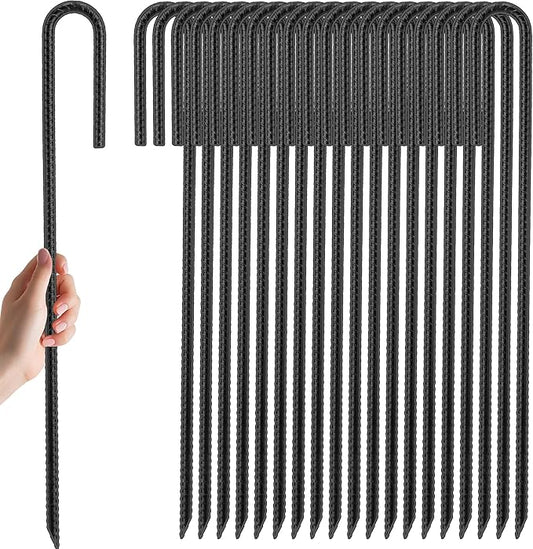 Kingsyard 20 Pack Tent Stakes Heavy Duty, 12 Inch 1/4 Inch Diameter J Shape Hook Rebar Stakes, Galvanized Steel Ground Anchors Metal Spikes for Yard, Hoses Landscape, Chain Link Fence, Black