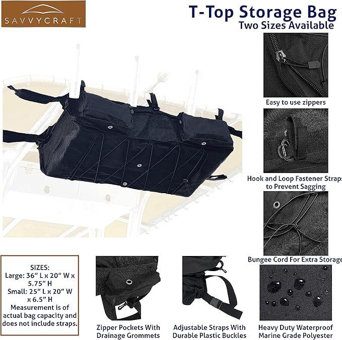 Savvycraft T-Top Storage Bag, Heavy Duty Marine Grade 600D Polyester PFD Storage Bag Small Size Hold 4 Type II Life Jackets, T Bag for Center Console Boat with T-Top Hard Top, Life Vests not Included