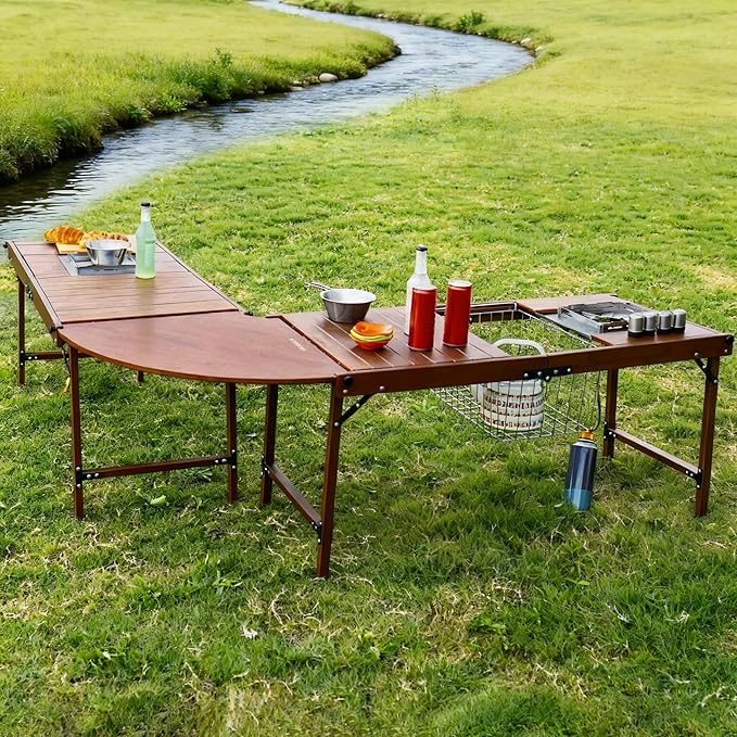 Camping Kitchen Table, Large Outdoor Camping Kitchen Station with Burner Single Portable Folding Cooking Tables Storage Organizer for Picnic BBQ Beach (L Shape Camping Kitchen with Burner)