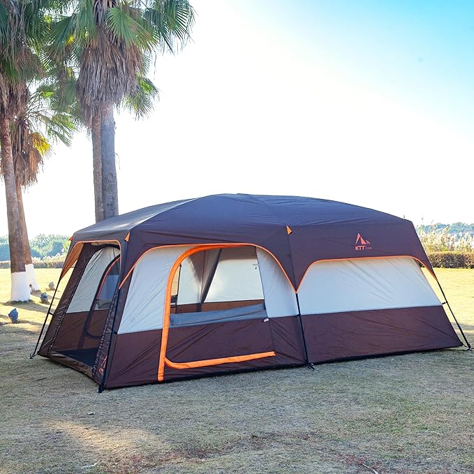 KTT Extra Large Tent 6-10-12-14 Person(Style-B),Family Cabin Tents,2 Rooms,3 Doors and 3 Windows with Mesh,Straight Wall,Waterproof,Double Layer,Big Tent for Outdoor,Picnic,Camping,Family Gathering