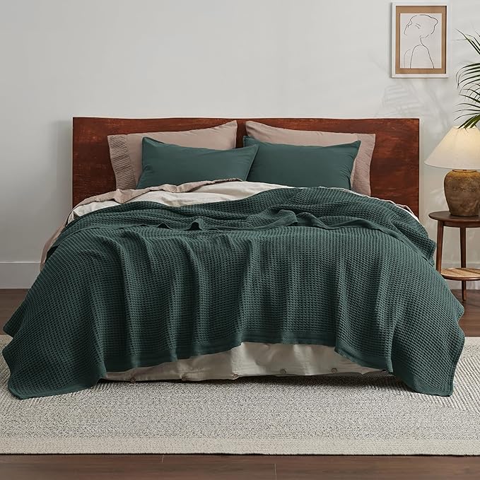 Bedsure Gentlesoft 100% Cotton Blanket King Size for Bed - Breathable and Soft, Waffle Weave Blanket for Summer, Thick Cozy Fall Blankets for Women Gift, Dark Green, 104x90 inches