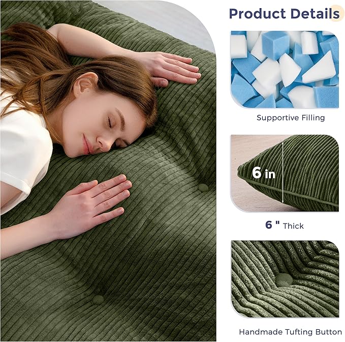 MAXYOYO 6" Japanese Floor Mattress, Foldable Futon Mattress Queen Size, Tufted Roll Up Floor Bed, Thick Tatami Mat Sleeping Pad Portable Lounger for Camping Guest Room Dormitory Bedroom RV, Dark Green
