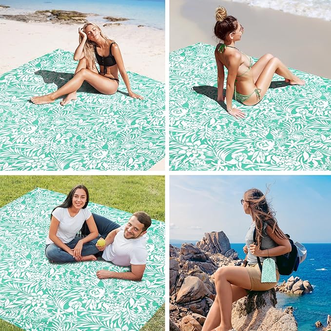 Beach Blanket, Waterproof Sandproof Beach Mat with 4 Stakes & 4 Pockets, 78''×86'' Large Compact Lightweight Sand Free Outdoor Essentials for Beach, Picnic, Travel, Camping